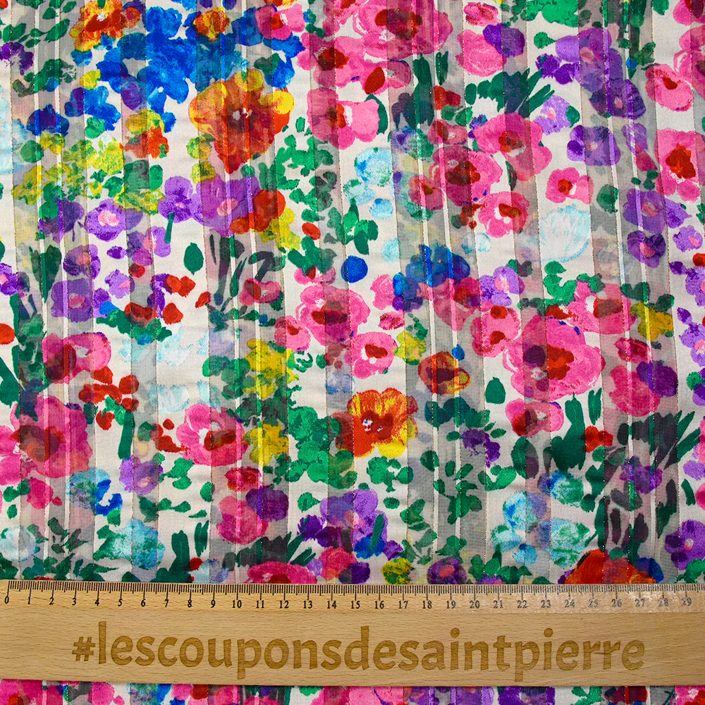 Mousseline imprimée bande satin Flora rose, violet et vert fond blanc - Image 3