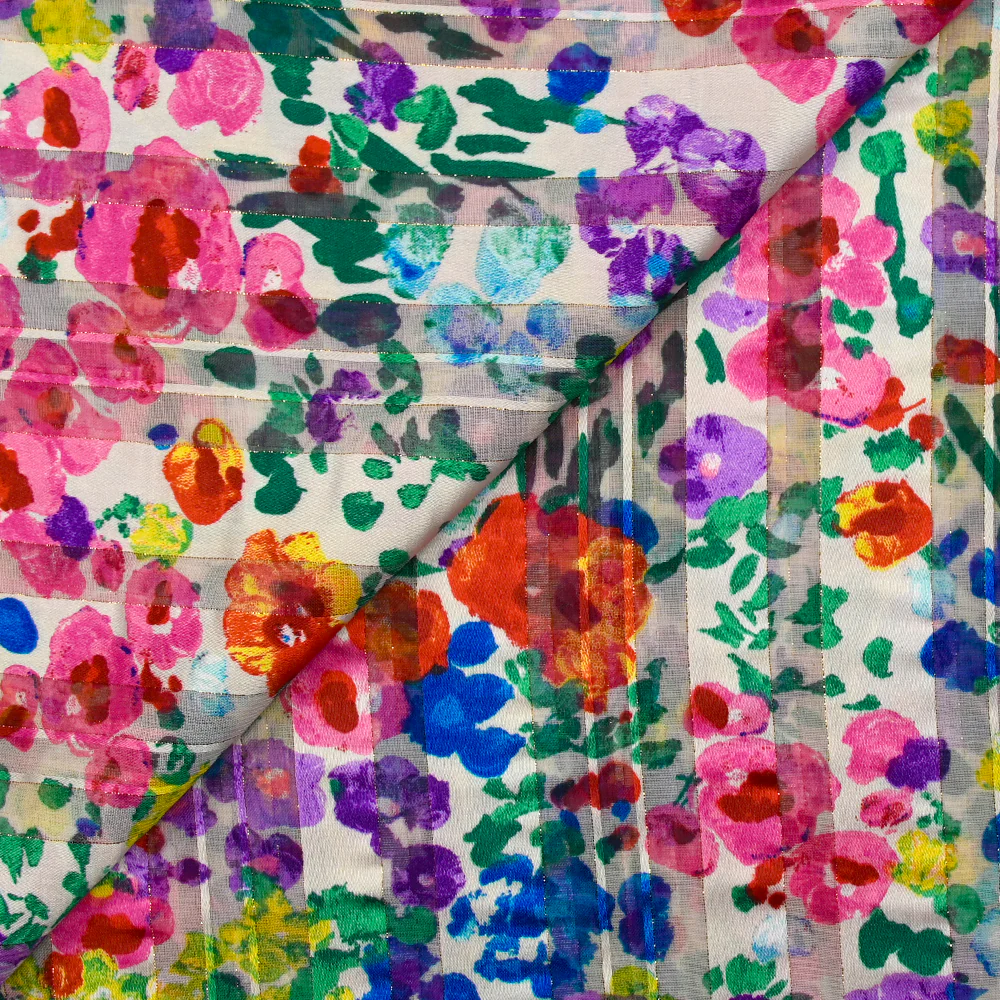 Mousseline imprimée bande satin Flora rose, violet et vert fond blanc - Image 4
