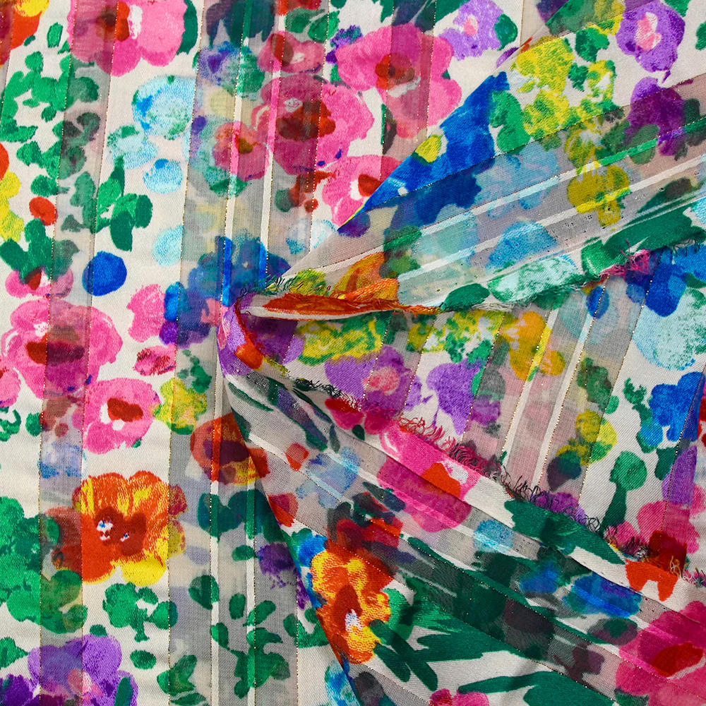 Mousseline imprimée bande satin Flora rose, violet et vert fond blanc - Image 5