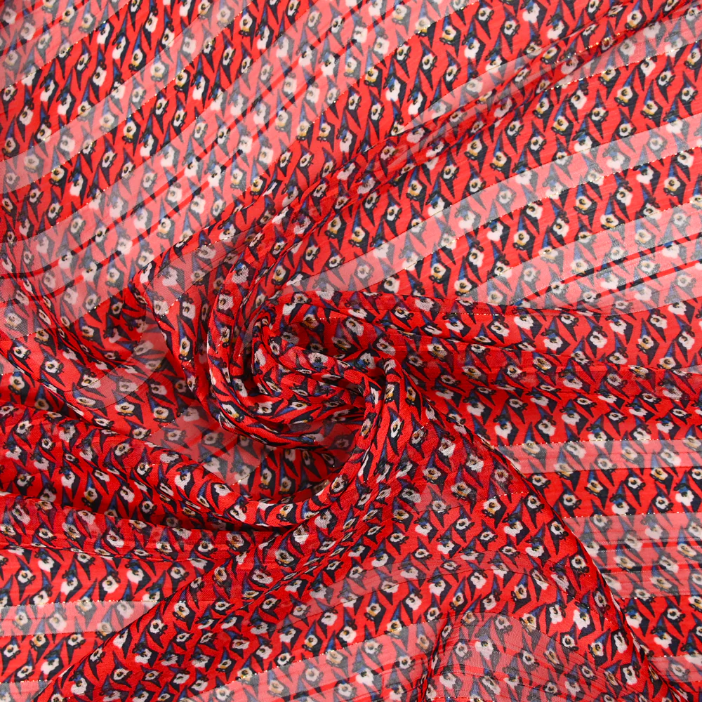 Mousseline imprimée bande satin oeil bleu fond rouge - Image 2