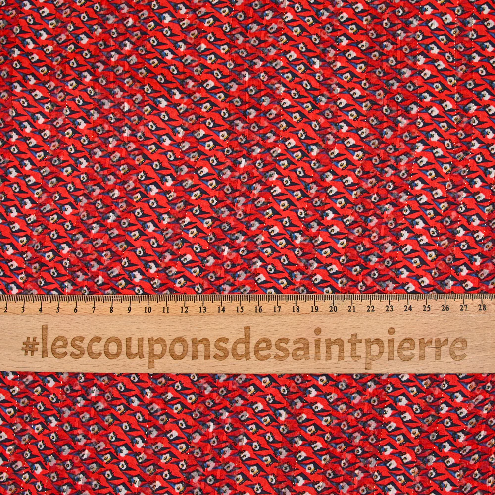 Mousseline imprimée bande satin oeil bleu fond rouge - Image 3