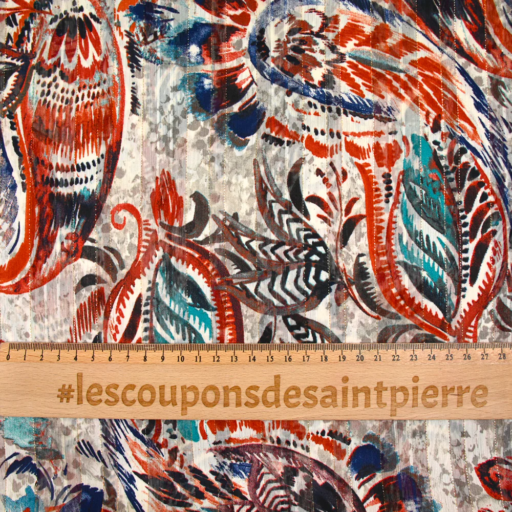 Mousseline imprimée bande satin opera marron fond gris - Image 3