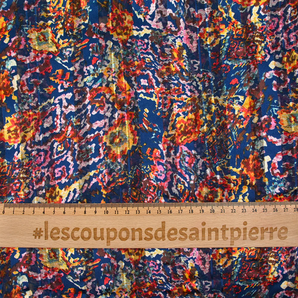 Mousseline imprimée bande satin poussière d’aube jaune fond marine - Image 3