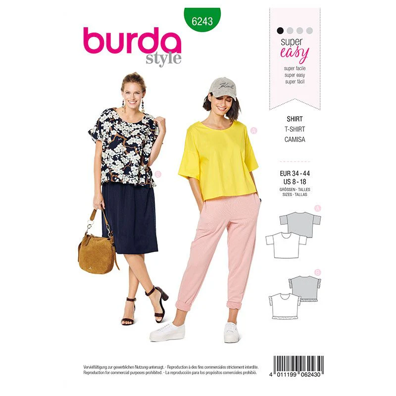 Patron Burda n° 6243 : Tee-shirt  encolure ronde   forme carrée  ruchés
