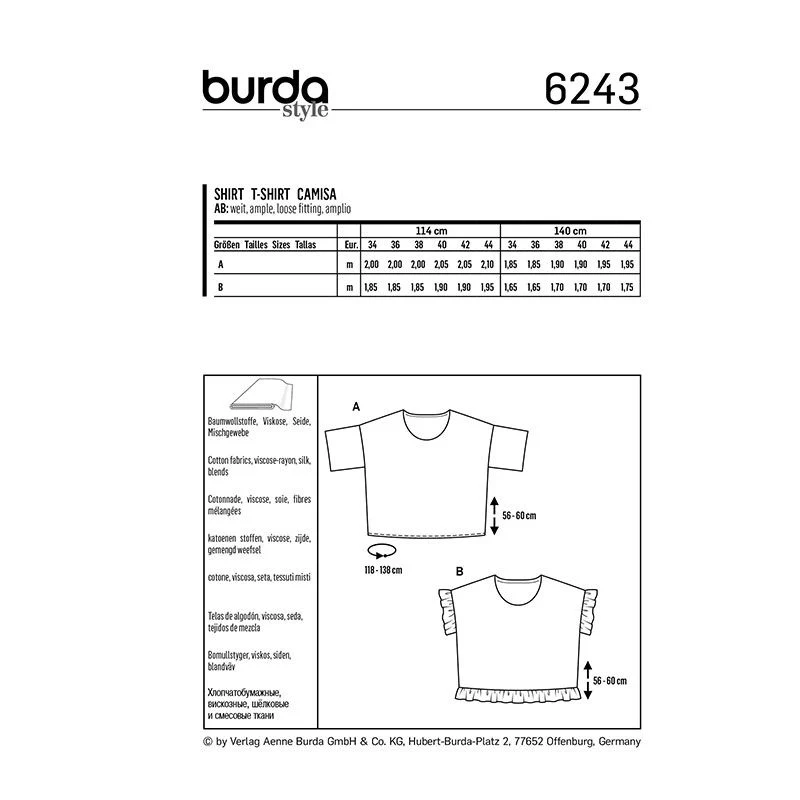 Patron Burda n° 6243 : Tee-shirt  encolure ronde   forme carrée  ruchés - Image 5