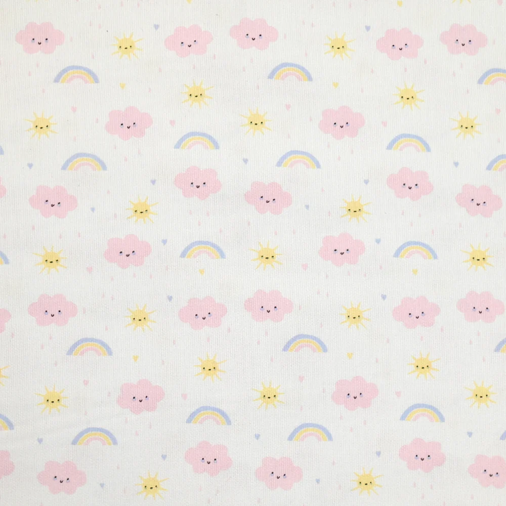 Piqué de coton imprimé arc en ciel  et nuage rose