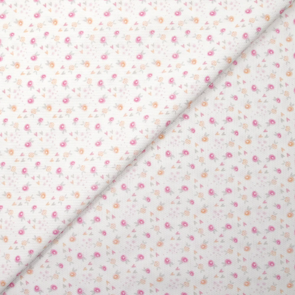 Piqué de coton imprimé fleurs et coeurs rose et orange fond blanc - Image 4
