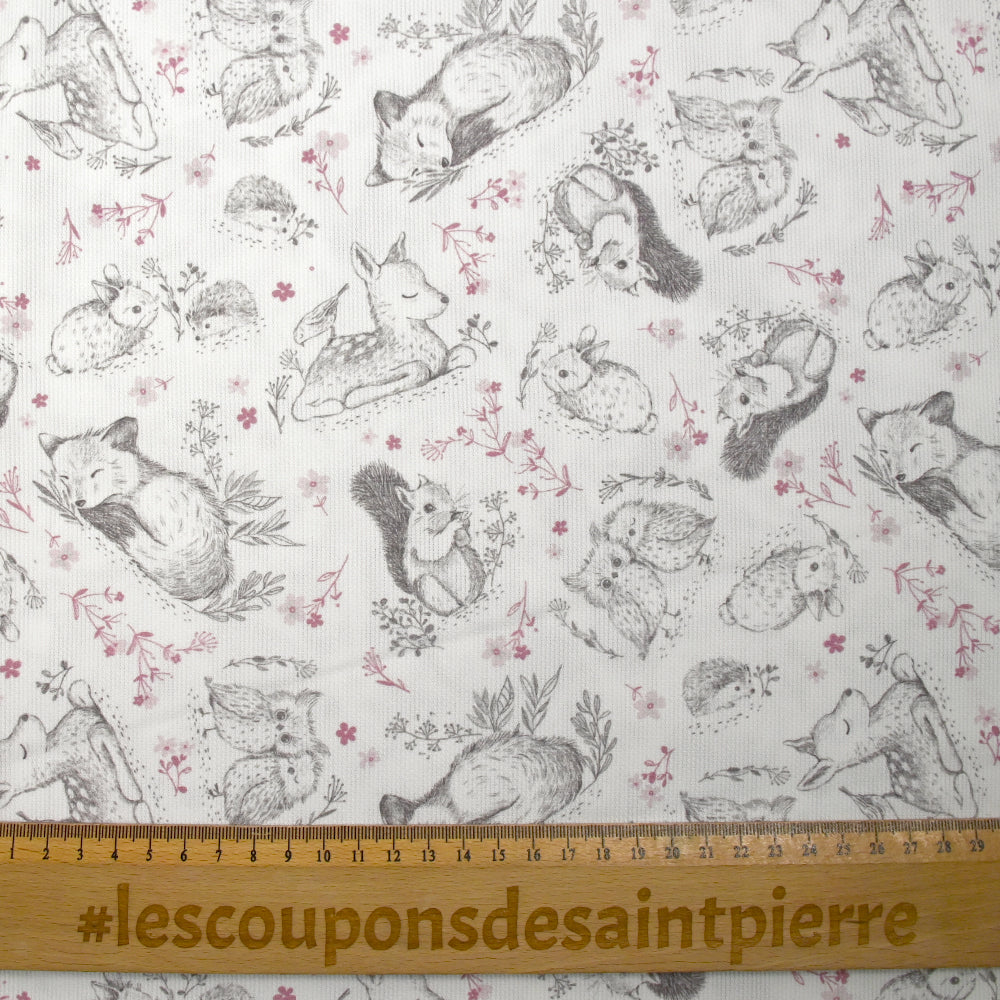 Piqué de coton imprimé les animaux de la forêt rose fond blanc - Image 3