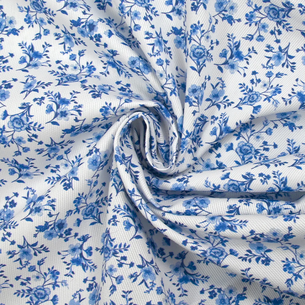 Piqué de coton imprimé les fleurs de Louna bleu fond blanc - Image 2