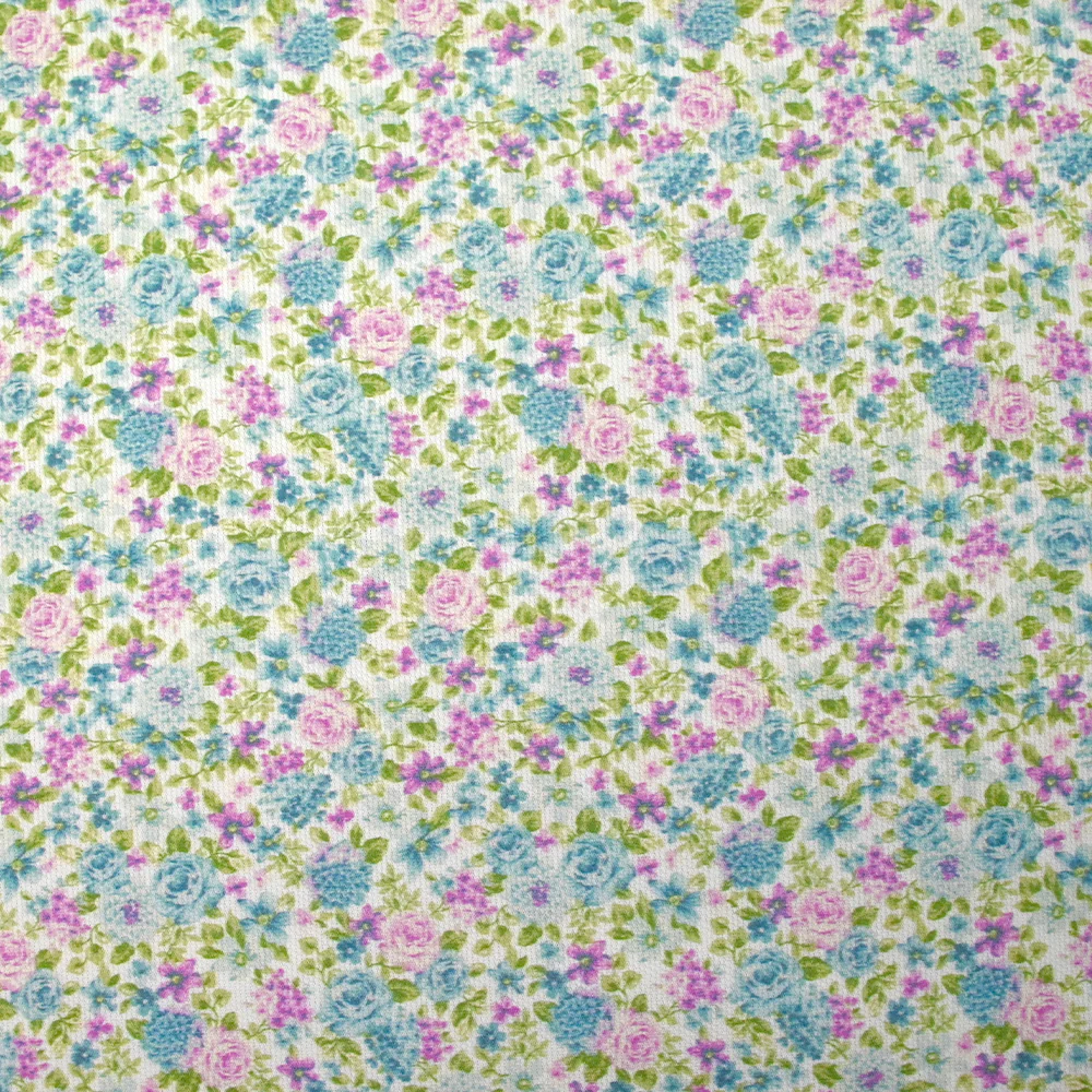 Piqué de coton imprimé les fleurs de Sarah bleu et violet fond blanc