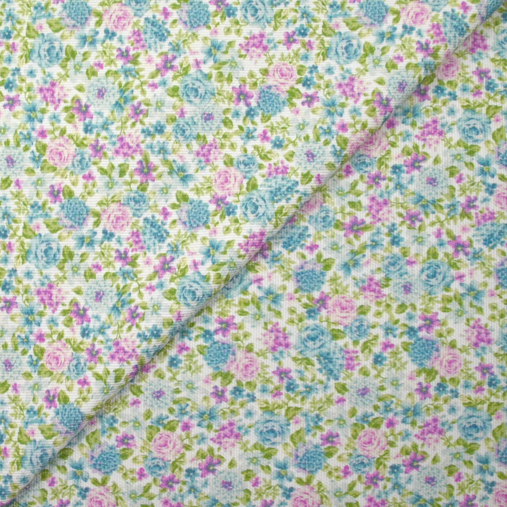 Piqué de coton imprimé les fleurs de Sarah bleu et violet fond blanc - Image 4