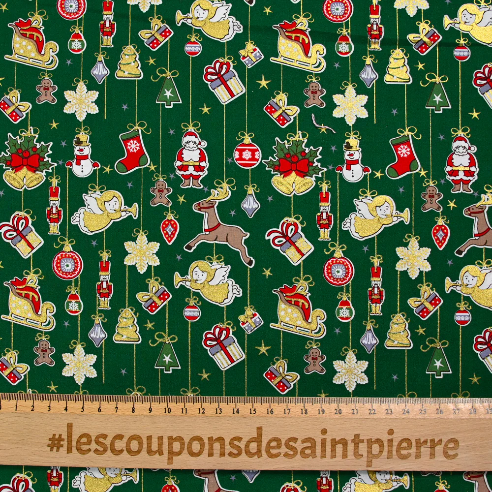 Popeline de coton imprimée esprit de Noël doré fond vert - Image 3