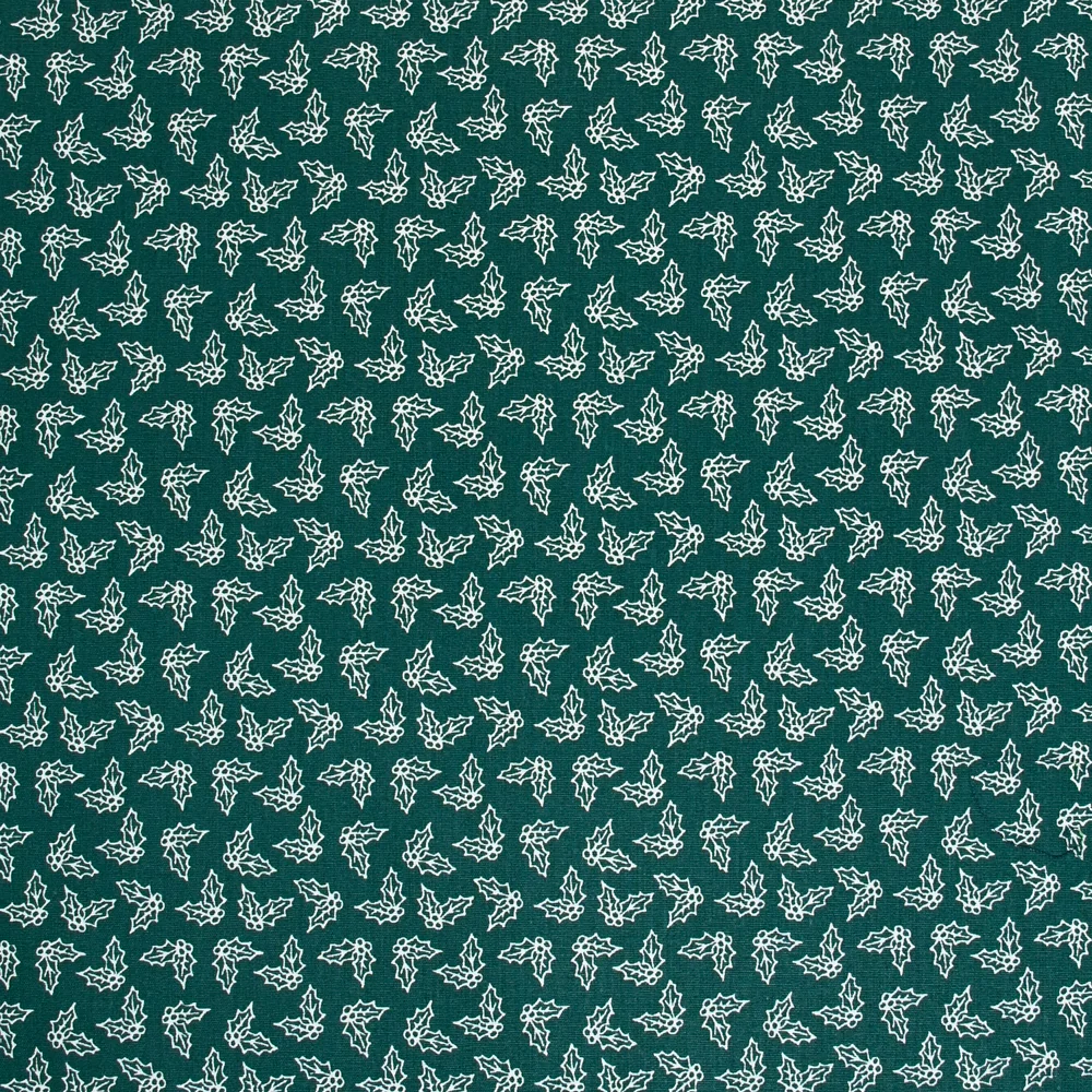 Popeline de coton imprimée houx fond vert