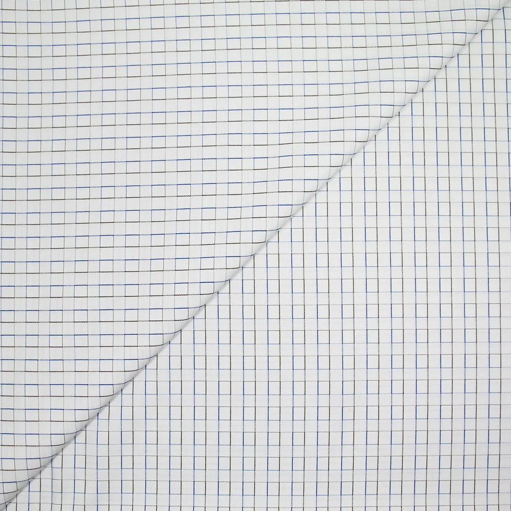 Popeline polycoton à petits carreaux fil marron et marine fond blanc