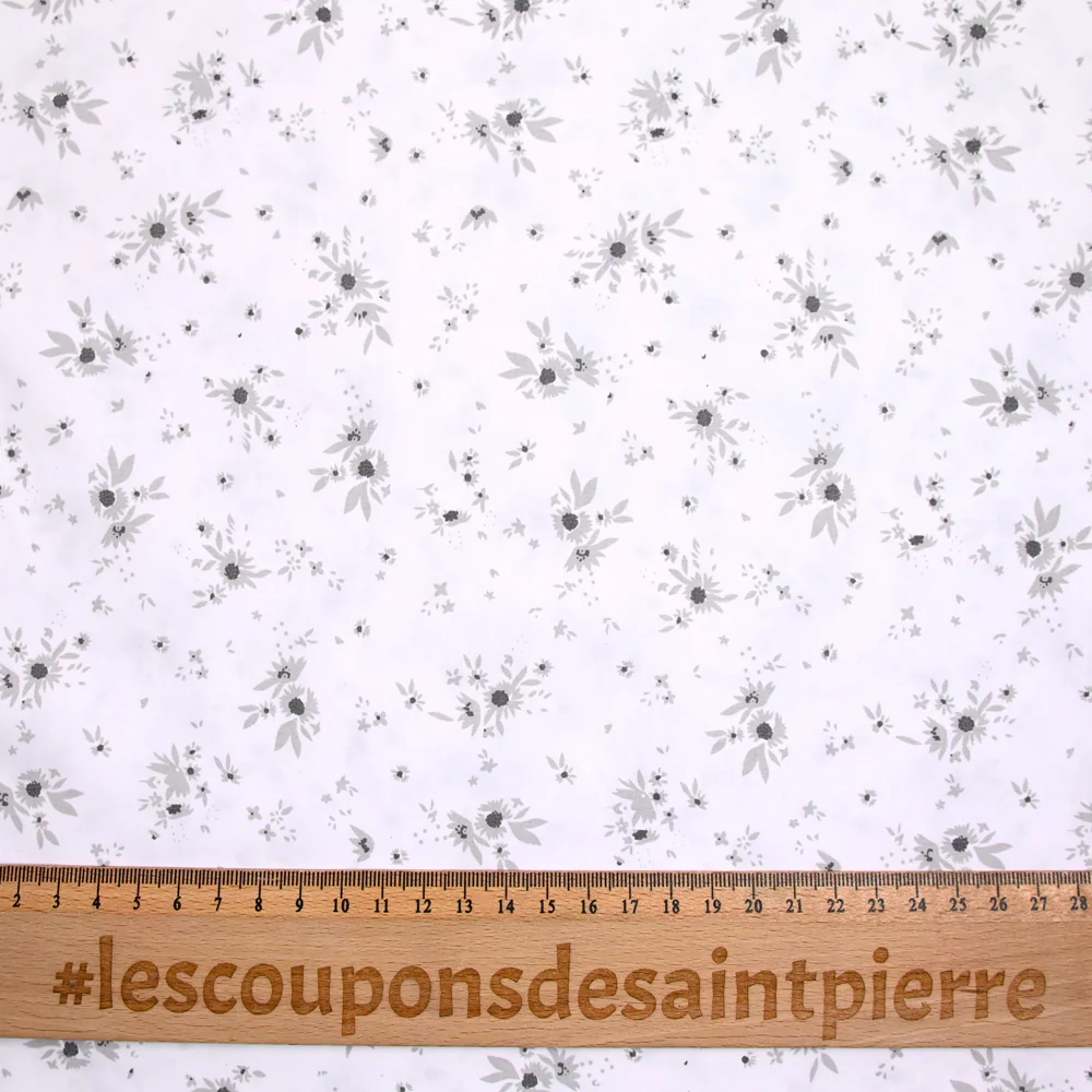 Popeline polycoton imprimée splash de fleurs gris fond blanc - Image 3