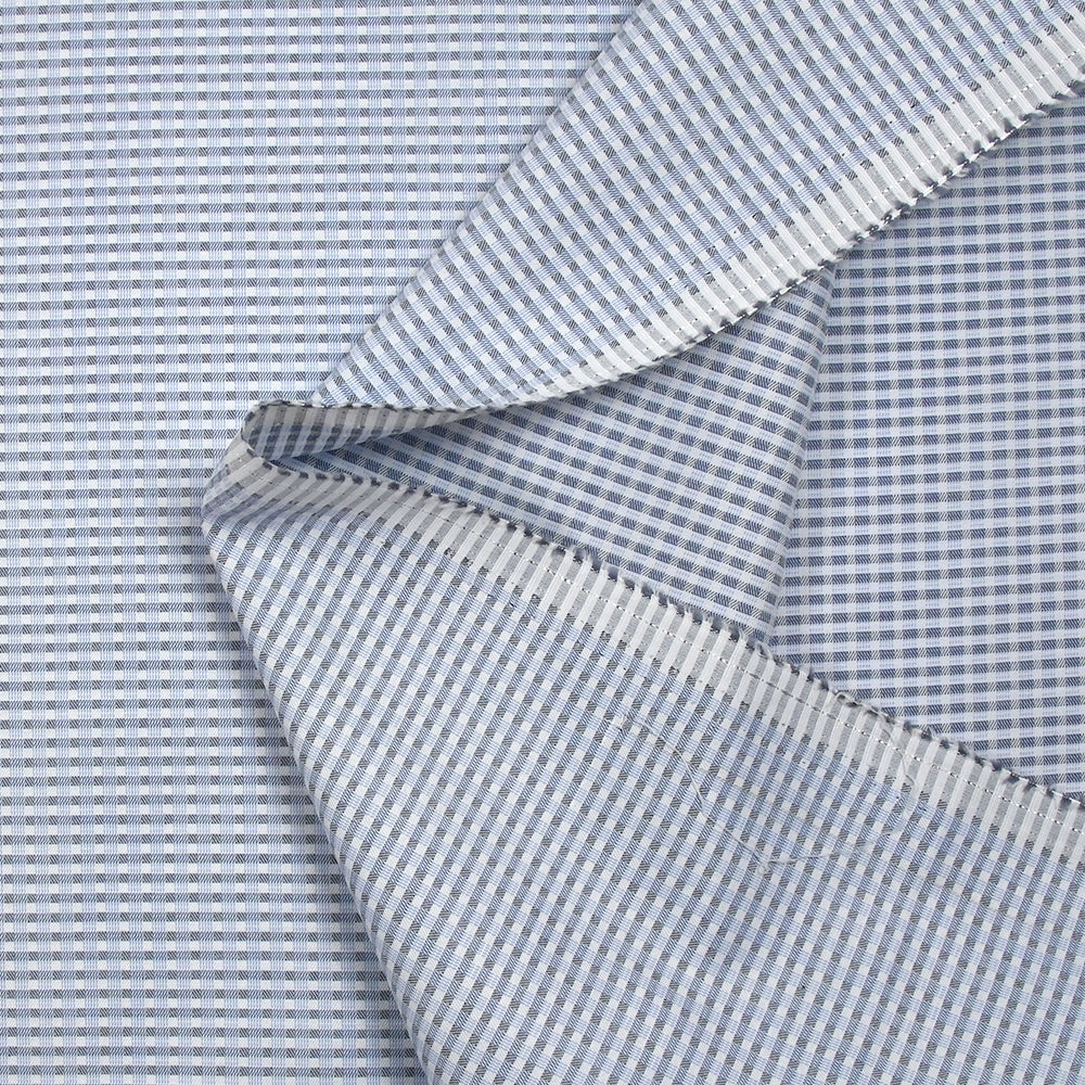 Popeline polycoton tissée-teinte à carreaux Adrien bleu et gris fond blanc - Image 5