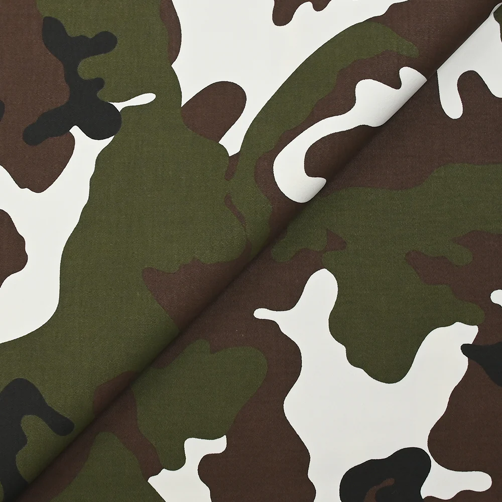 Satin de coton élasthanne militaire marron et kaki fond blanc - Image 4