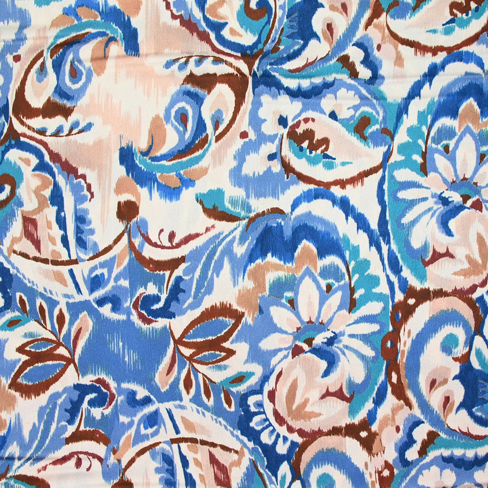 Satin polyester imprimé cachemire flou bleu