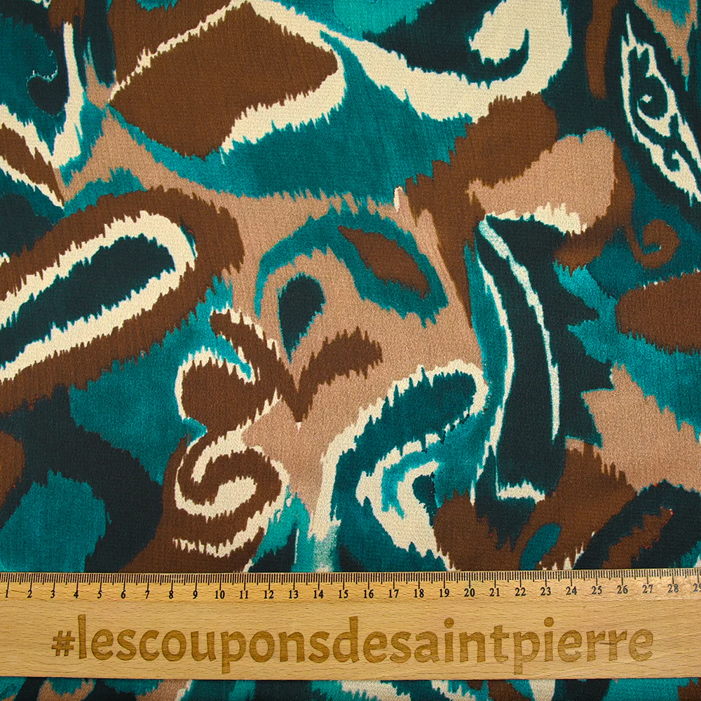 Satin polyester imprimé vibration de cachemire marron et bleu canard - Image 3