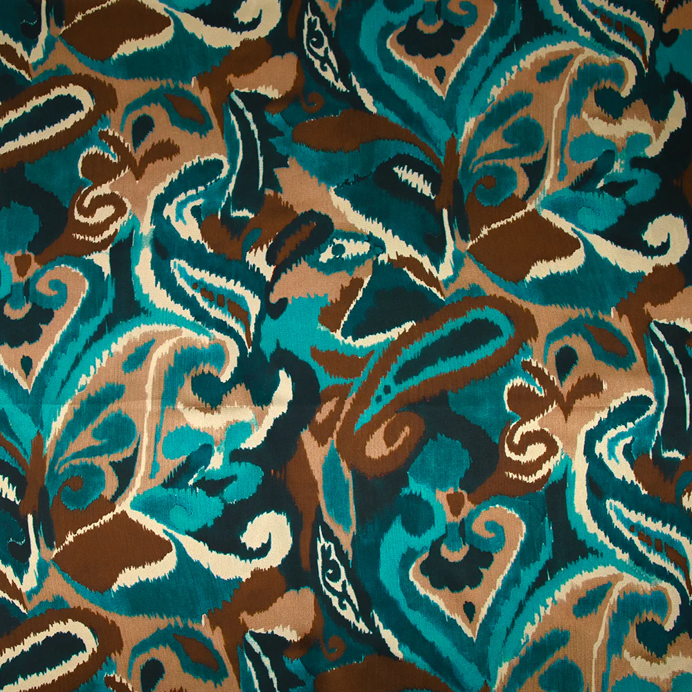 Satin polyester imprimé vibration de cachemire marron et bleu canard - Image 4