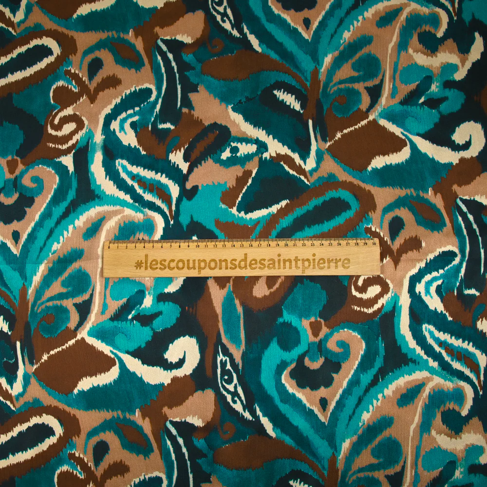 Satin polyester imprimé vibration de cachemire marron et bleu canard - Image 5