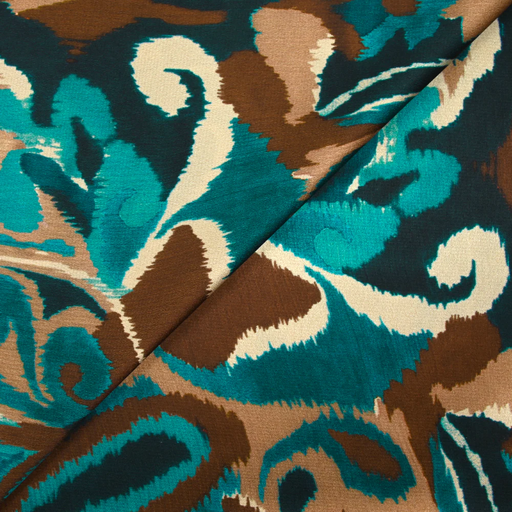 Satin polyester imprimé vibration de cachemire marron et bleu canard - Image 6