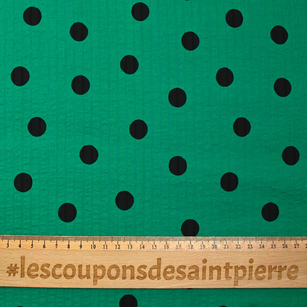 Seersucker coton rayé à pois noir fond vert - Image 3