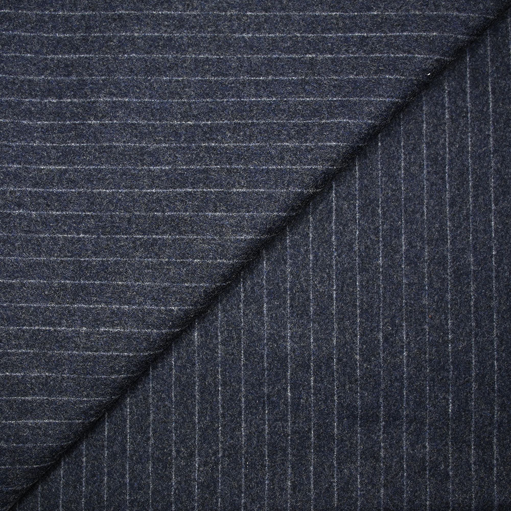 Tissu tailleur en laine mélangée rayure blanche fond gris anthracite moucheté bleu roi