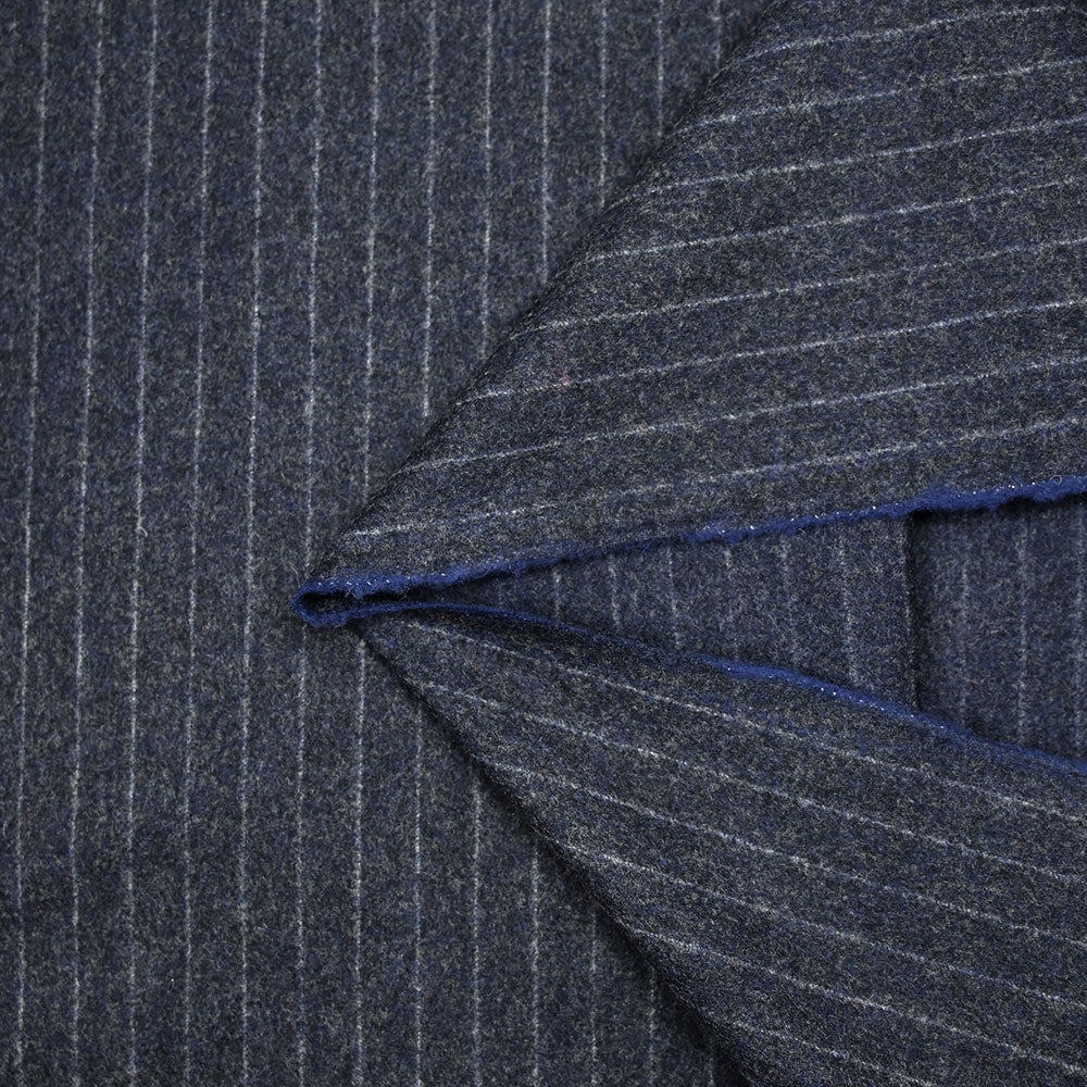 Tissu tailleur en laine mélangée rayure blanche fond gris anthracite moucheté bleu roi - Image 4