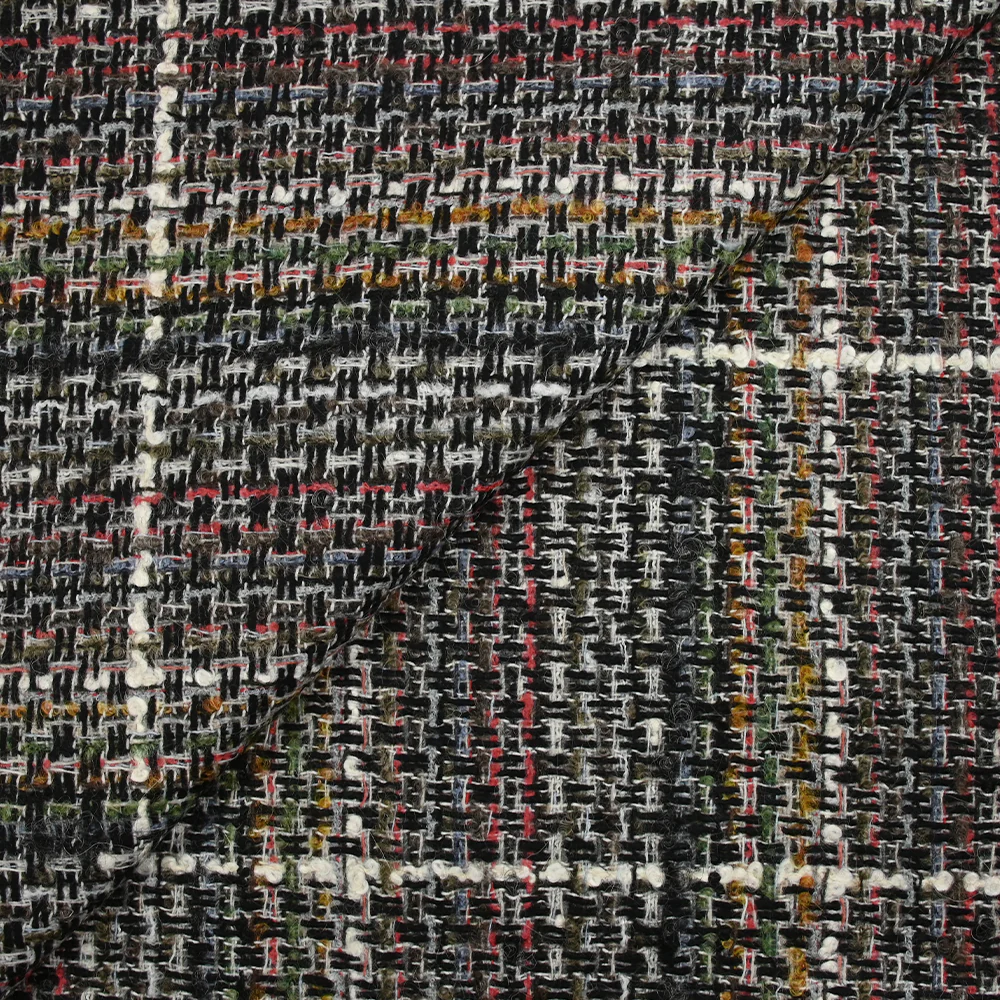 Tweed de laine mélangée Sidonie ligne blanche fond noir, blanc et multicolore