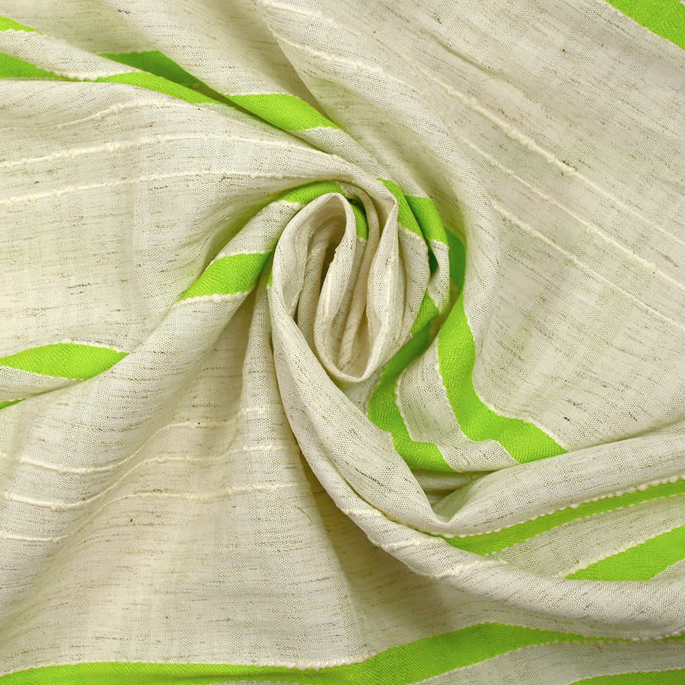 Viscose et coton rayé en relief vert pomme fond écru naturel - Image 2