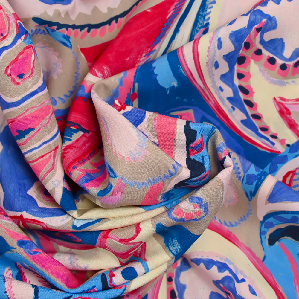 Viscose imprimée campagne bleu et fuchsia - Image 2