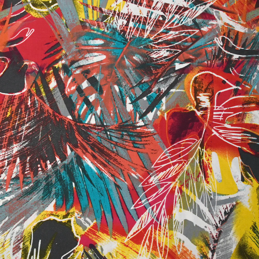Viscose imprimée explosion tropicale fond rouge