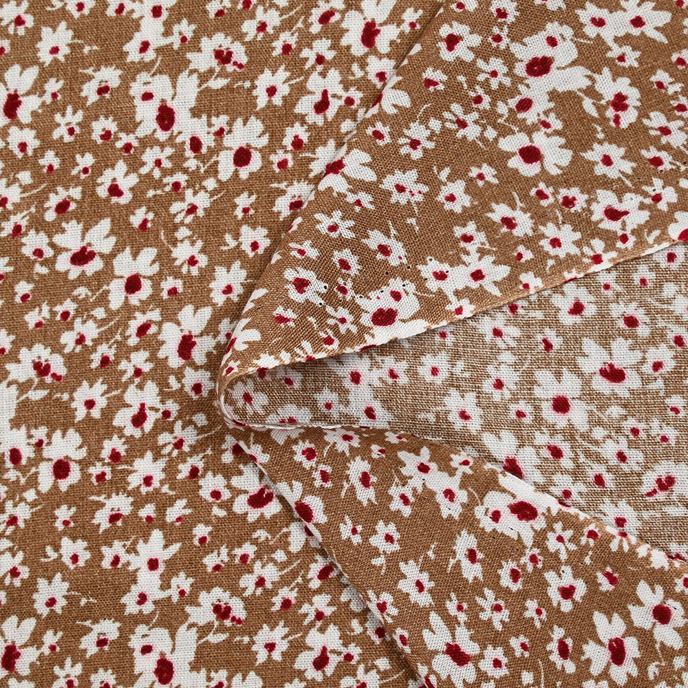 Viscose imprimée fleurs blanches et bordeaux fond noisette - Image 5
