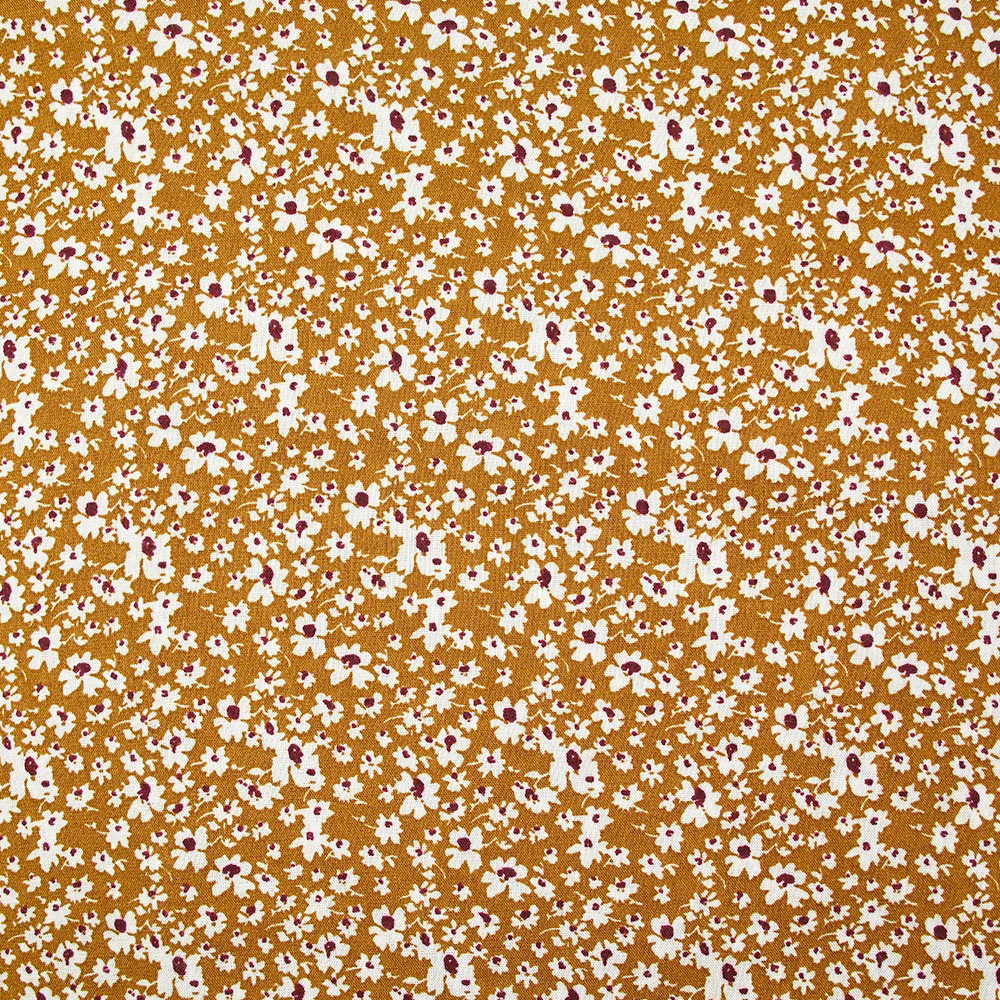 Viscose imprimée fleurs blanches et bordeaux fond ocre - Image 4
