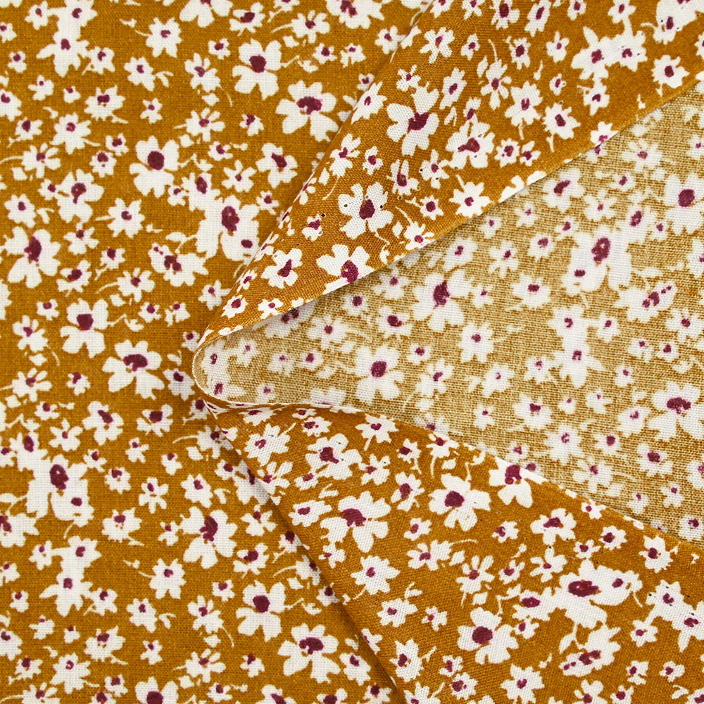 Viscose imprimée fleurs blanches et bordeaux fond ocre - Image 5