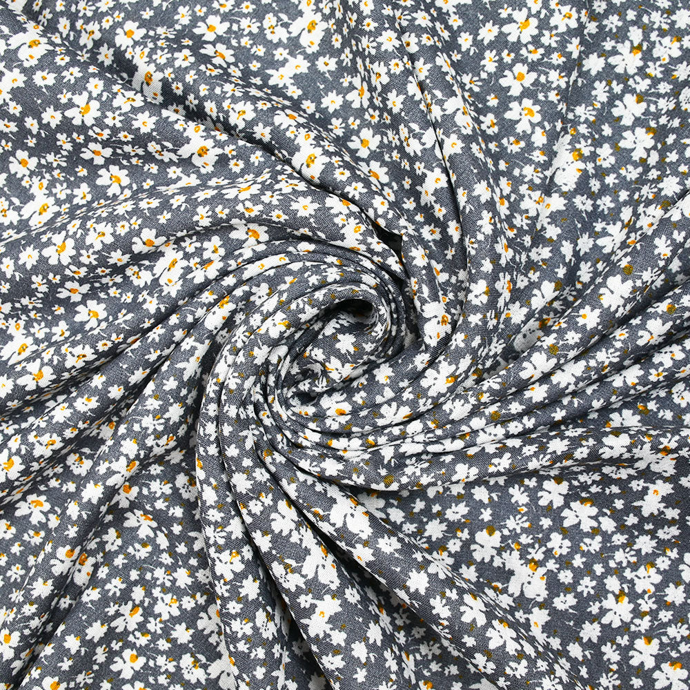 Viscose imprimée fleurs blanches et jaunes fond gris anthracite - Image 2