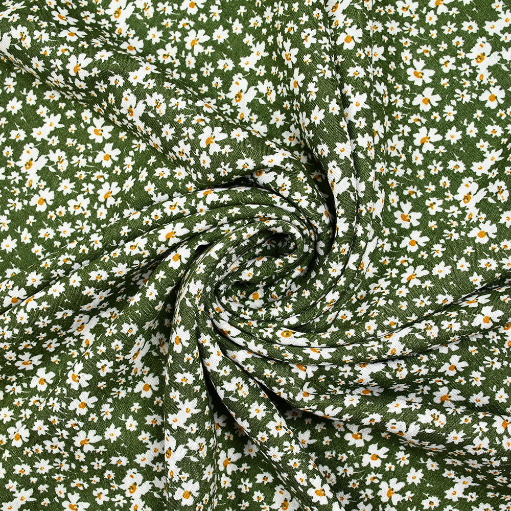 Viscose imprimée fleurs blanches et jaunes fond kaki - Image 2