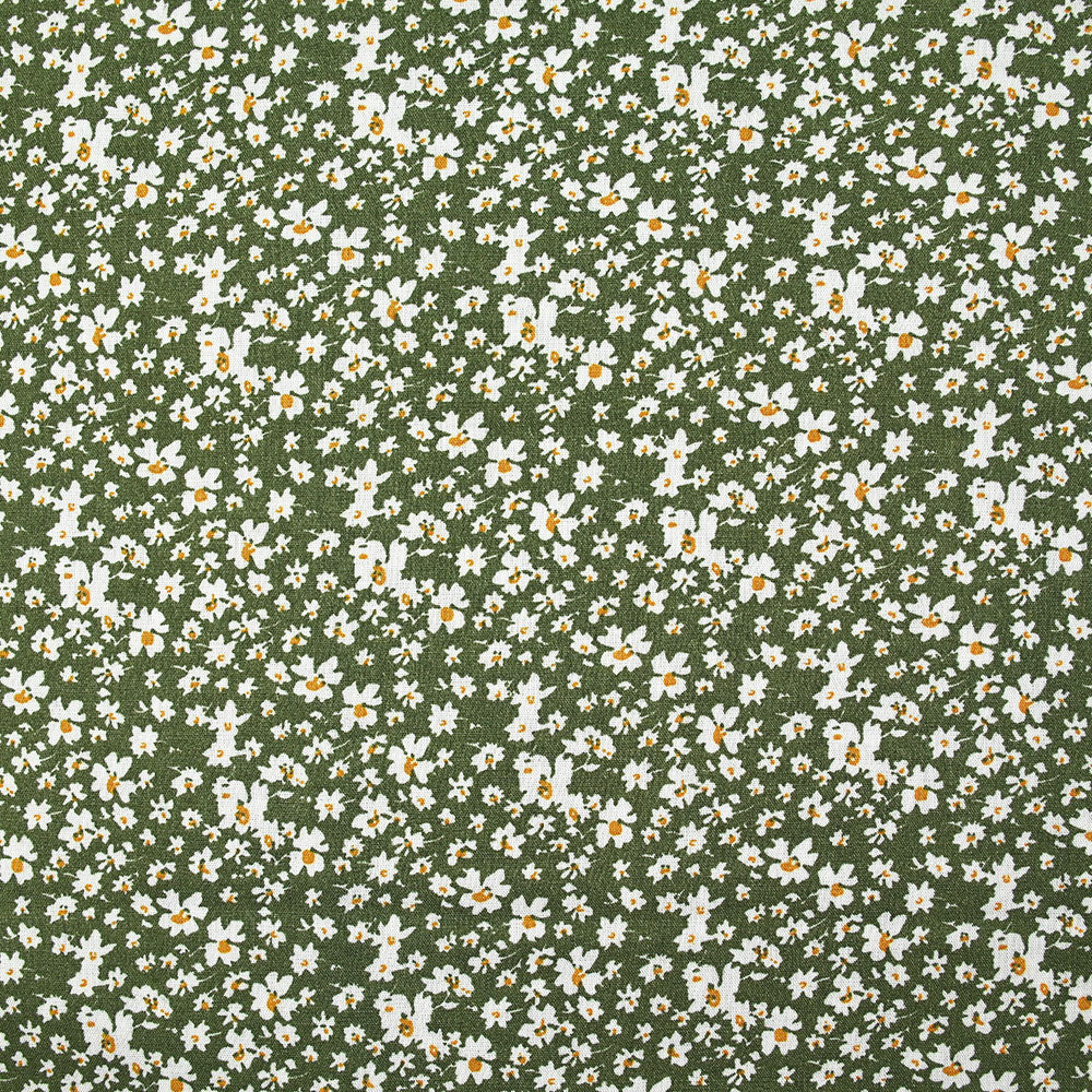 Viscose imprimée fleurs blanches et jaunes fond kaki - Image 4