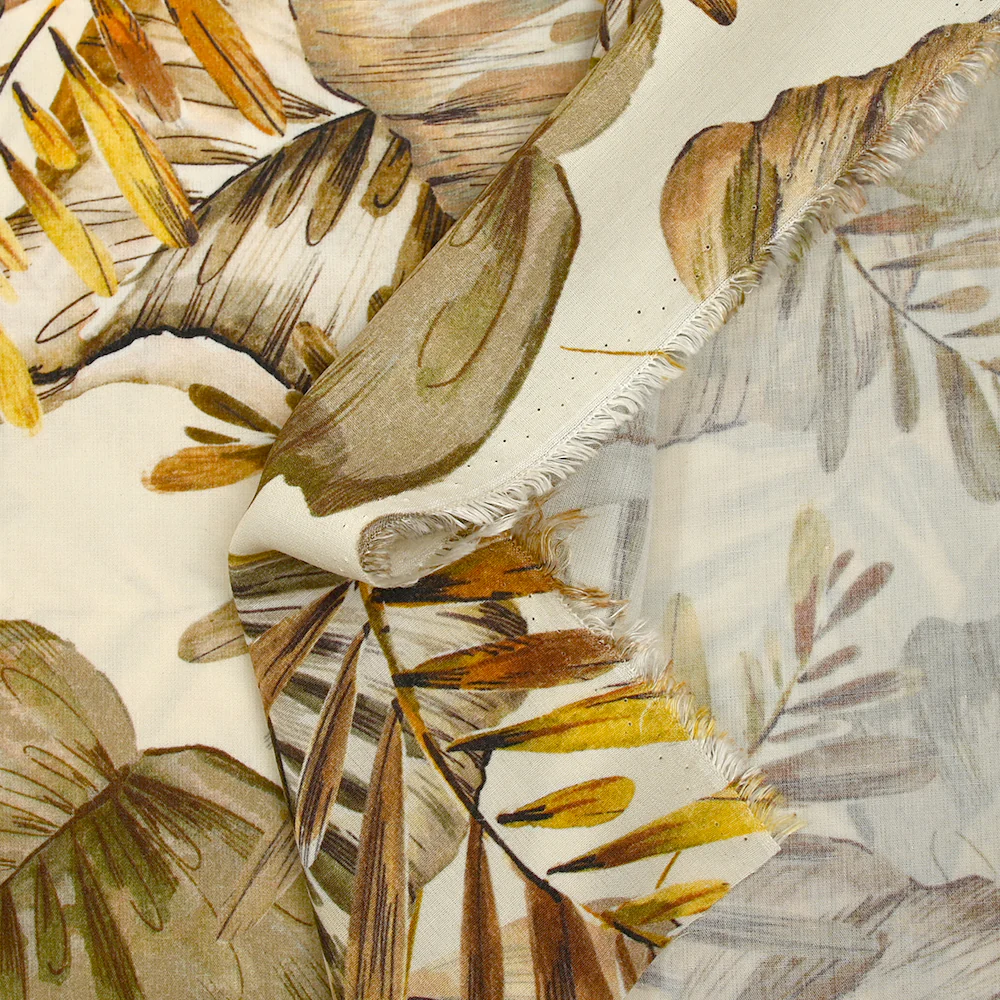 Viscose imprimée nature en feuilles marron et jaune fond écru - Image 6