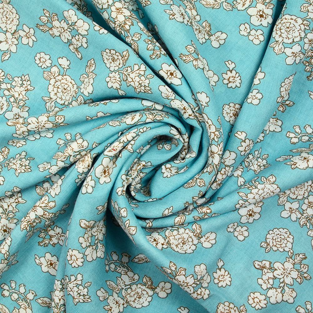 Viscose imprimée printanière blanc cassé fond bleu azurin - Image 2