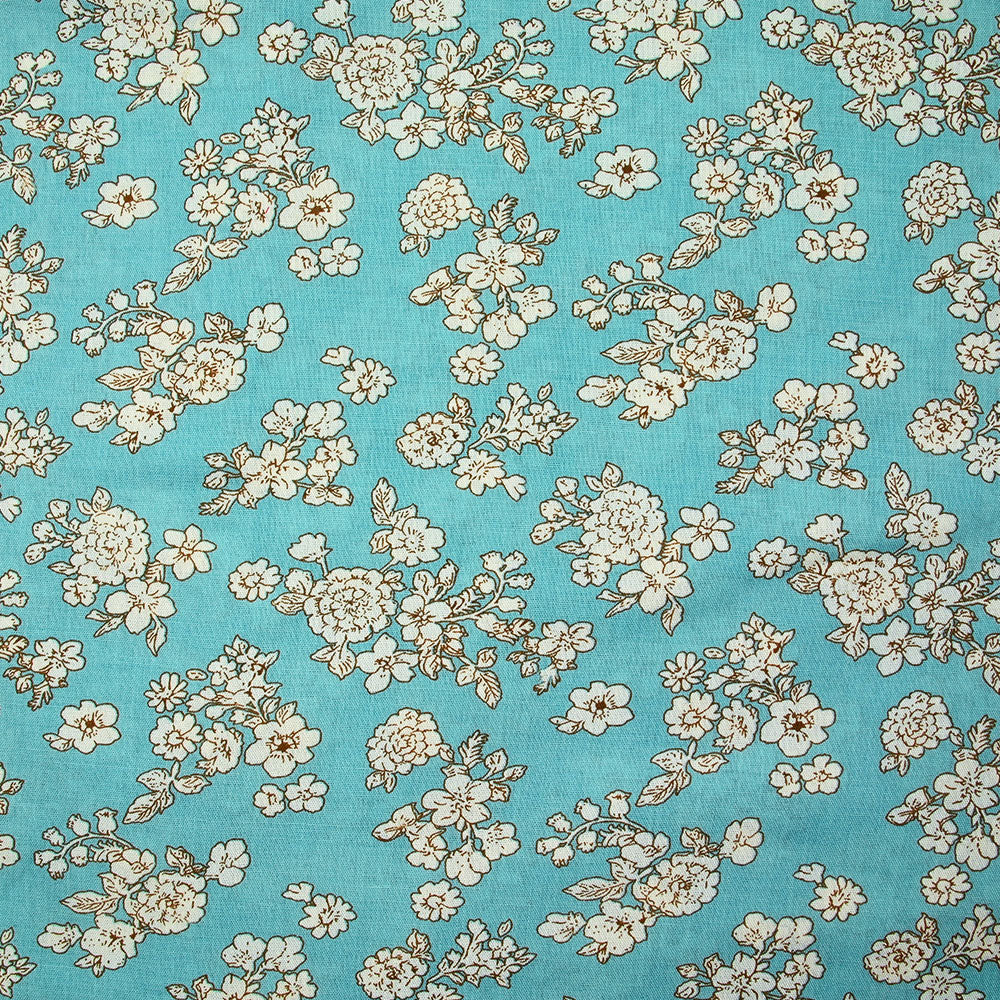 Viscose imprimée printanière blanc cassé fond bleu azurin - Image 4