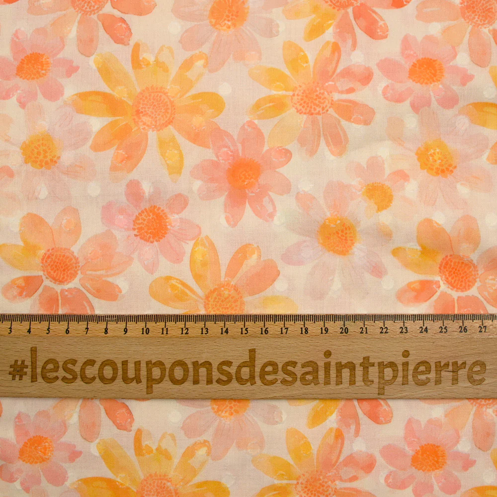 Voile 100% coton Plumetis imprimé marguerite orange et rose fond écru - Image 3