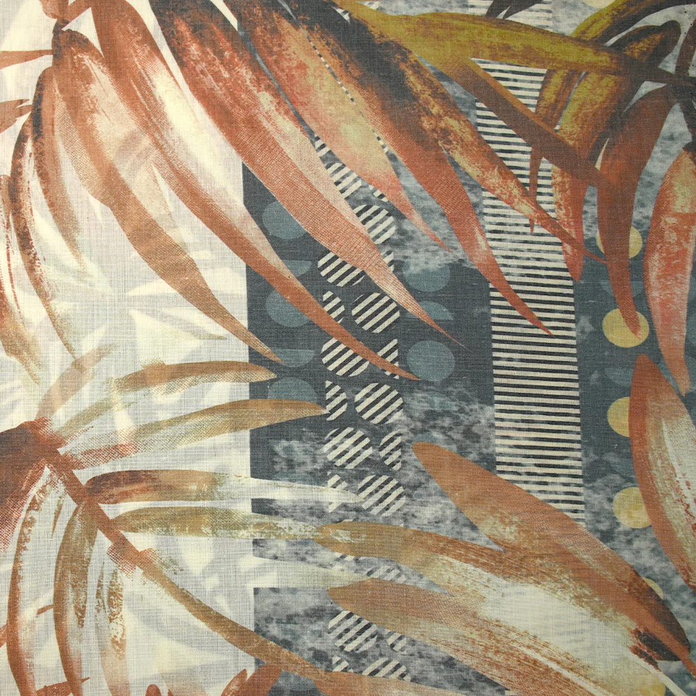 Voile de polycoton imprimé frise et palmiers bleu et brique fond écru - Image 3