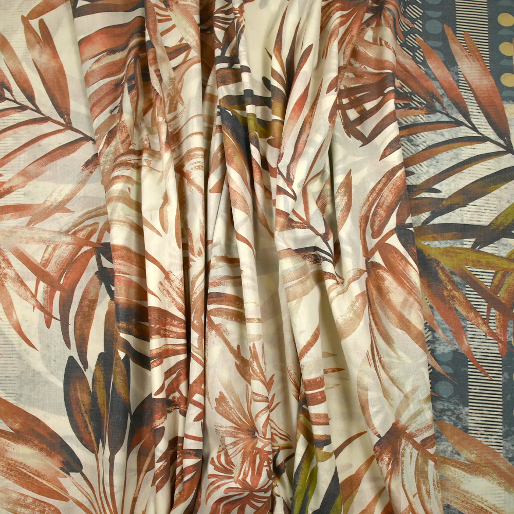 Voile de polycoton imprimé frise et palmiers bleu et brique fond écru - Image 7