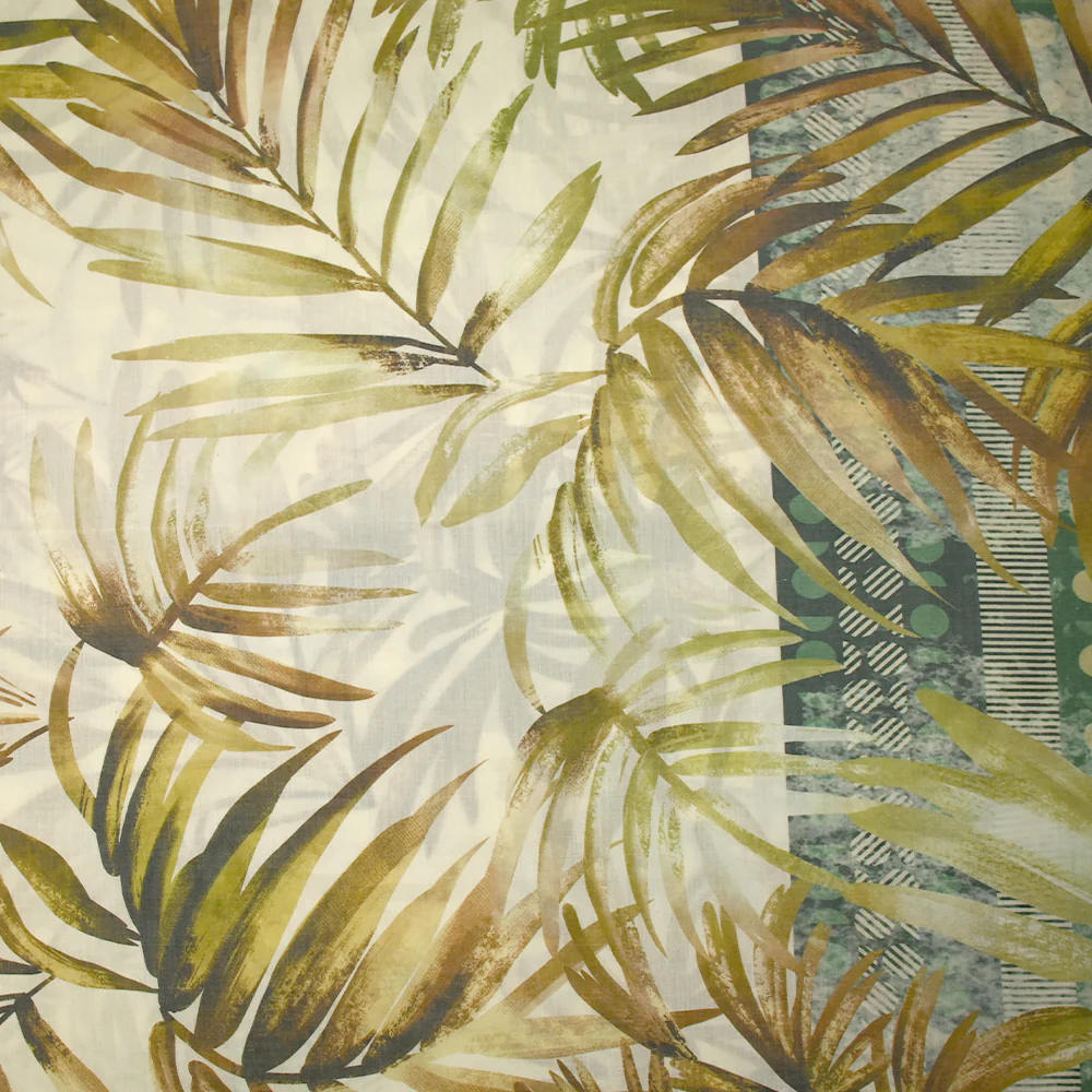 Voile de polycoton imprimé frise et palmiers vert et marron fond écru - Image 5